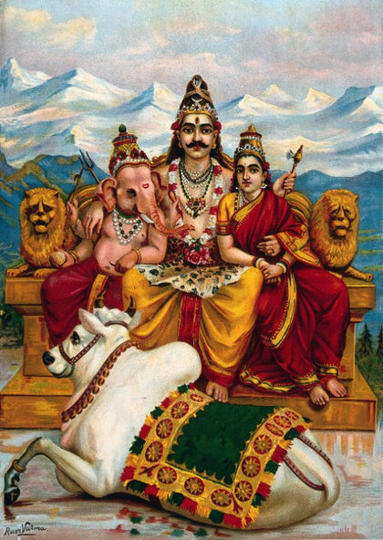 Shiva Parvati and Ganesha on Mount Kailas by Raja Ravi Varma