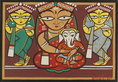 Parvathi And Ganesh With Attendants by Jamini Roy
