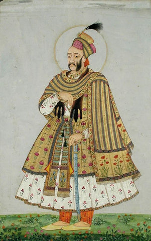 Abdullah Qutb Shah nimbate in white jama with a gold coat and shawl