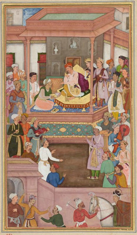 Indian Miniature - Abu'l-Fazl ibn Mubarak presenting Akbarnama to the Grand Mogul Akbar - Mughal miniature