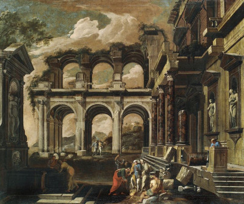 A capriccio of the internal courtyard of a ruined palace with the miracle of St Paul by Viviano Codazzi
