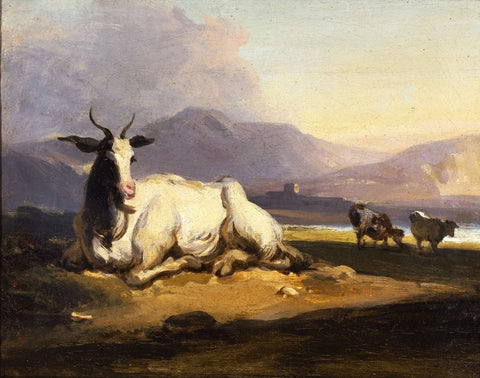 A goat sitting in a mountainous river landscape with cattle beyond by George Chinnery