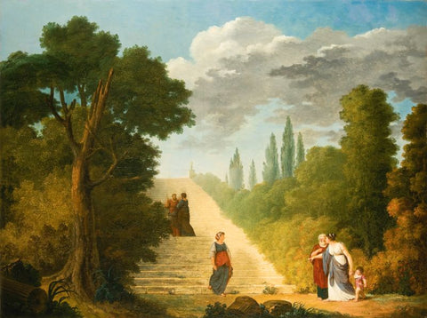 A grand staircase in a park setting by Hubert Robert