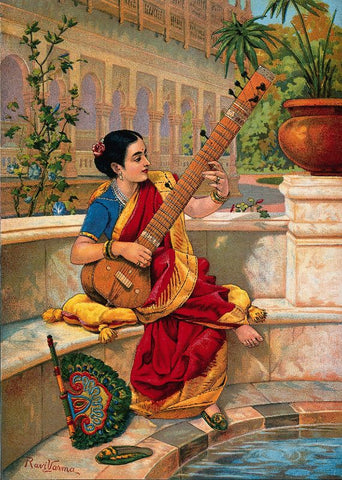 A seated Indian woman plays a sitar next to a garden pond by Raja Ravi Varma