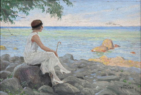 A young woman with her parasol on the beach by Paul Fischer