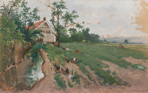 Barn wet fields and chickens by Adolf Kaufmann