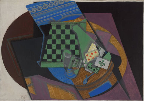 Checkerboard and playing cards by Juan Gris