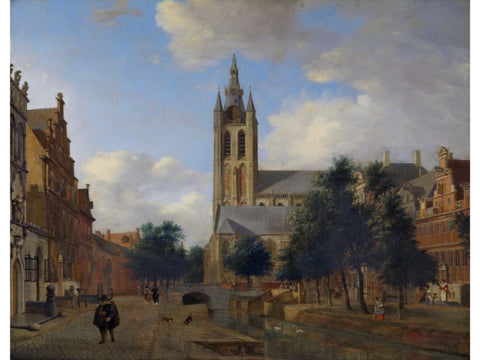 Cityscape Painting The Oude Delft Canal and the Oude Kerk by Jan van der Heyden
