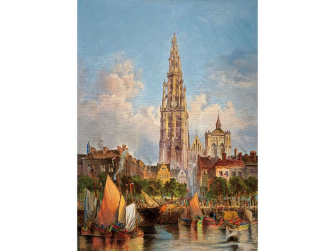 Cityscape Painting View of the Cathedral of Our Lady in Antwerp