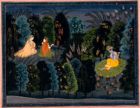 Indian Miniature - Companion Persuading Radha as Krishna Flutes