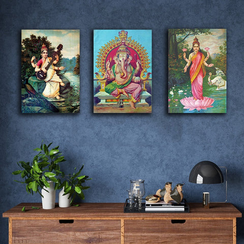 Set Of Goddess Saraswati, Lord Ganesha Goddess Lakshmi Canvas Painting by Raja Ravi Varma