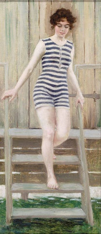 Female bather in a striped bathing suit by Paul Fischer