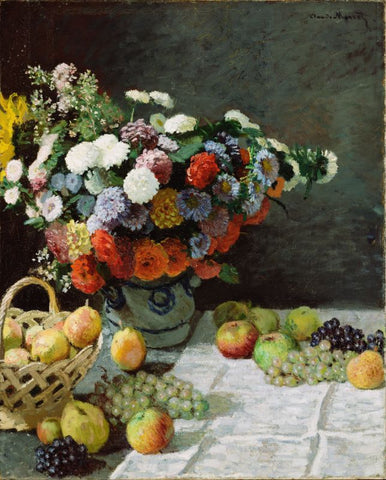 Floral Painting - Claude Monet-Still Life with Flowers and Fruit