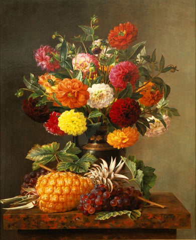 Floral Painting - Still Life of Dahlias with Pineapple and Grapes by Johan Laurentz Jensen