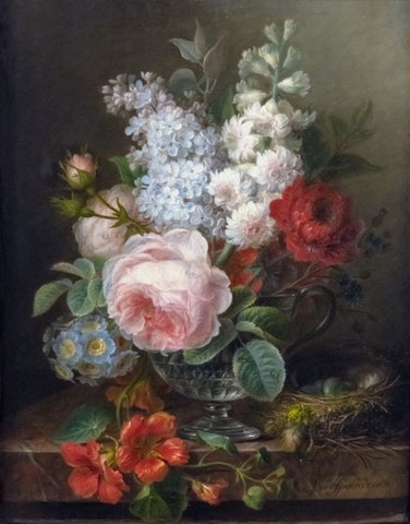 Floral Painting - Vase of flowers with nest