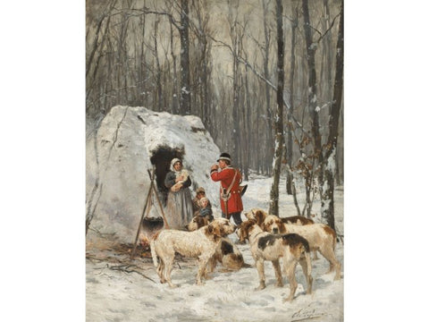 Forest Landscape Hunting scene in winter by Charles Olivier de Penne