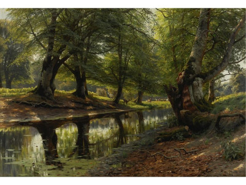 Forest Landscape Painting A stream through the valley deer in the distance by Peder Mork Monsted
