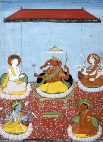 Ganesha with Shiva, Devi (Parvati), Vishnu and Surya