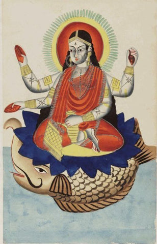 Indian Miniature - Kalighat painting - Ganga, goddess of the river Ganges, riding on an alligator