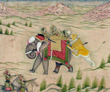 Indian Miniature - A lion attacks a hunting party atop an elephant
