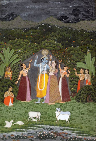 Indian Paintings Jaipur Paintings Krishna and the Gopis Take Shelter from the Rain