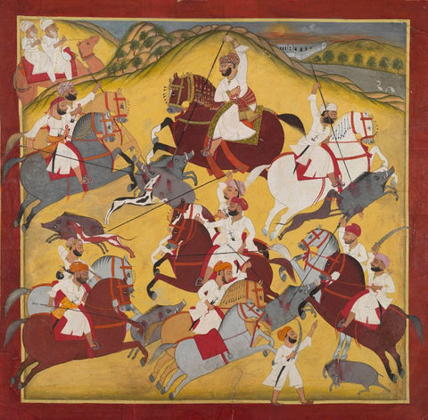 Indian Paintings Mewar Paintings Nobleman with Attendants Hunting Boar