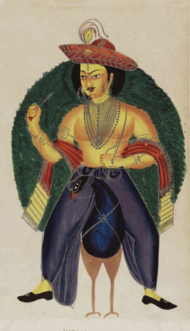 Indian Miniature - Kalighat painting - Karttikeya (Skanda) the god of war, riding on a peacock