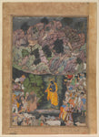 Indian Miniature - Krishna Holds Up Mount Govardhan to Shelter the Villagers of Braj