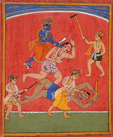 Indian Miniature - Krishna Killing King Kamsa and Balarama Slaying a Wrestler