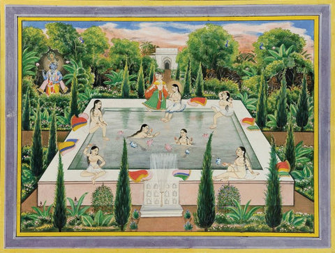 Indian Miniature - Krishna Watches the Gopis in Garden Pool