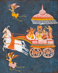 Indian Miniature - Krishna and Rukmini as Groom and Bride in a Celestial Chariot Driven by Ganesha