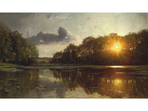 Landscape Painting Sunset over a forest lake by Peder Mork Monsted