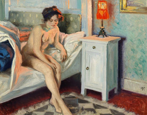 Model on a bed, in the glow of a red lamp by Paul Fischer
