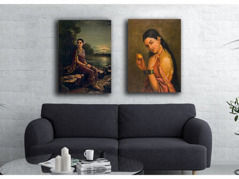 Set Of Woman Holding a Fruit and Kadambari Canvas Painting by Raja Ravi Varma