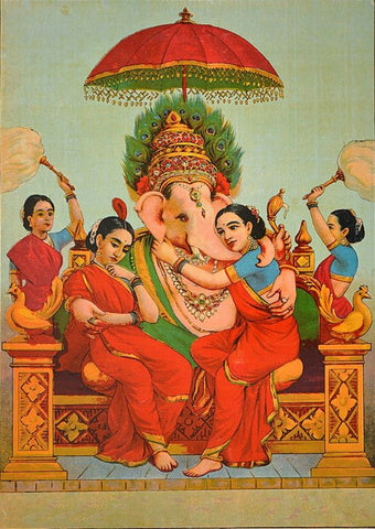 Lord Ganesh With Riddhi and Siddhi by Raja Ravi Varma