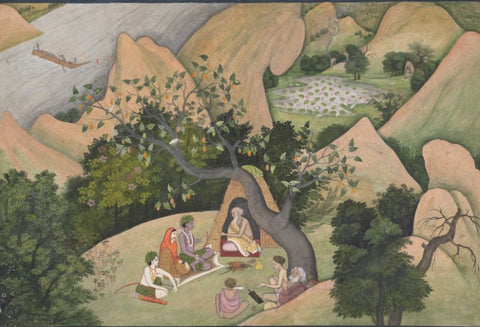 Indian Miniature - Rama, Sita, and Lakshmana at the Hermitage of Bharadvaja Page from a dispersed Ramayana