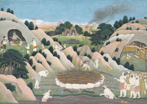 Ramayana Paintings Smoke rises from the funerary pyre of the monkey king Vali