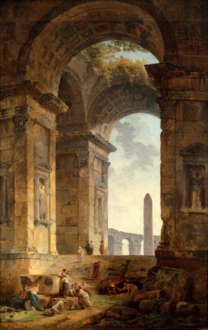 Ruins with an obelisk in the distance by Hubert Robert
