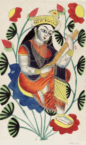 Indian Miniature - Kalighat painting - Sarasvati, goddess of language and literature