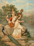 Sarasvati with her sitar and peacock by Raja Ravi Varma
