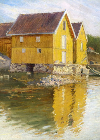 Scene from Norway with yellow wooden houses by Paul Fischer