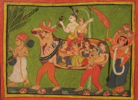 Indian Miniature - Shiva and Parvati on a composite cow made of assembled women