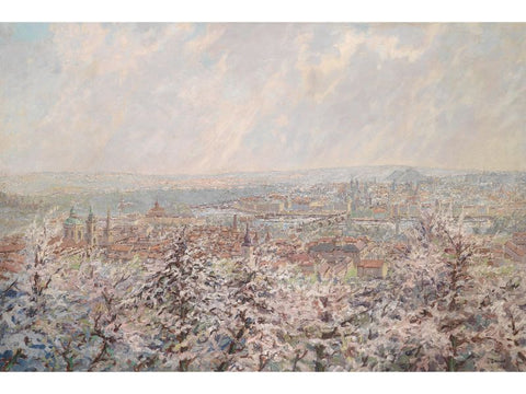 Spring Landscape Painting Panorama of Prague and Petrina