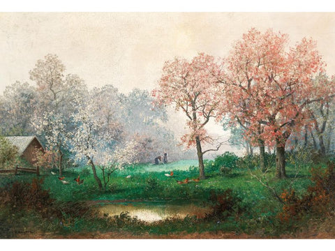 Spring Landscape Painting Under flowering trees by Adolf Kaufmann