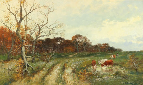 Summer landscape with grazing cows by Adolf Kaufmann