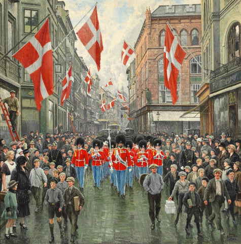 The King's birthday, The Royal Guard in red gala in Østergade by Paul Fischer
