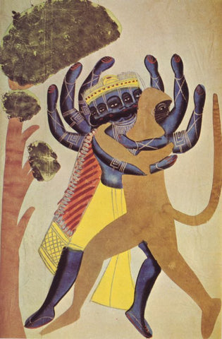 Indian Miniature - Kalighat painting - The demon ravana fighting with the ape hanuman