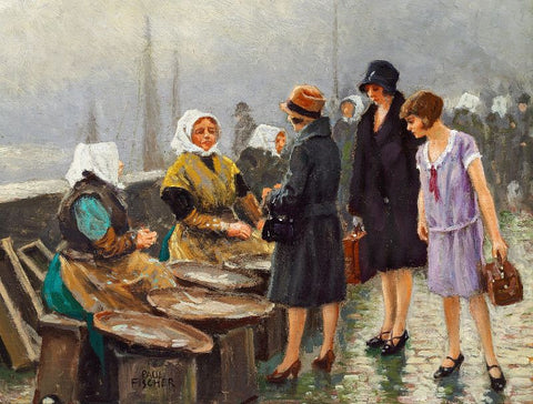 Three young ladies buying fresh fish at Gammel Strand, Copenhagen by Paul Fischer