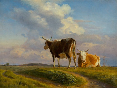 Two cows on an open mark by Johan Thomas Lundbye