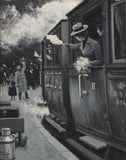 View from a train station with passengers waving goodbye to people on the platform by Paul Fischer